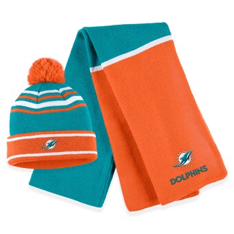 Women's Miami Dolphins WEAR by Erin Andrews Aqua Colorblock Cuffed Knit Hat with Pom and Scarf Set