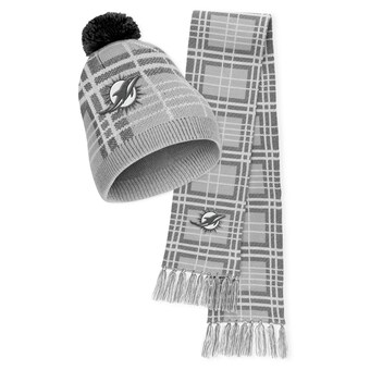 Women's Miami Dolphins WEAR by Erin Andrews Plaid Knit Hat with Pom & Scarf Set