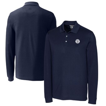 Men's Milwaukee Brewers Cutter & Buck Navy Big & Tall Advantage Eco Pique DryTec Tri-Blend Long Sleeve Polo