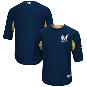 Men's Milwaukee Brewers Majestic Navy/Gold Authentic Collection On-Field 3/4-Sleeve Batting Practice Jersey