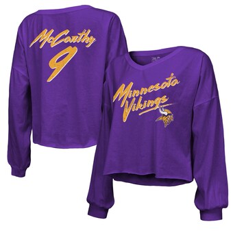 Women's Minnesota Vikings J.J. McCarthy Majestic Threads Purple Name & Number Off-Shoulder Script Cropped Long Sleeve V-Neck T-Shirt