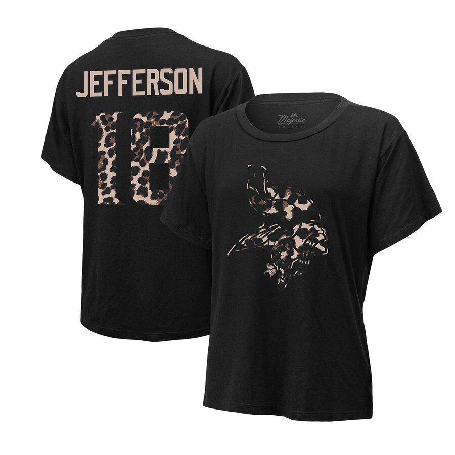 Women's Minnesota Vikings Justin Jefferson Majestic Threads Black Leopard Player Name & Number T-Shirt