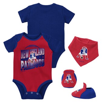 Newborn & Infant New England Patriots Mitchell & Ness Red/Royal Throwback Big Score Bodysuit, Bib & Bootie Set