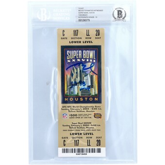 Autographed New England Patriots Tom Brady Fanatics Authentic Super Bowl XXXVIII Ticket with "SB 38 MVP" Inscription - Beckett Graded 10