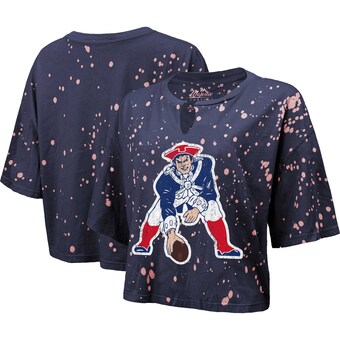 Women's New England Patriots Majestic Threads Navy Bleach Splatter Notch Neck Crop T-Shirt