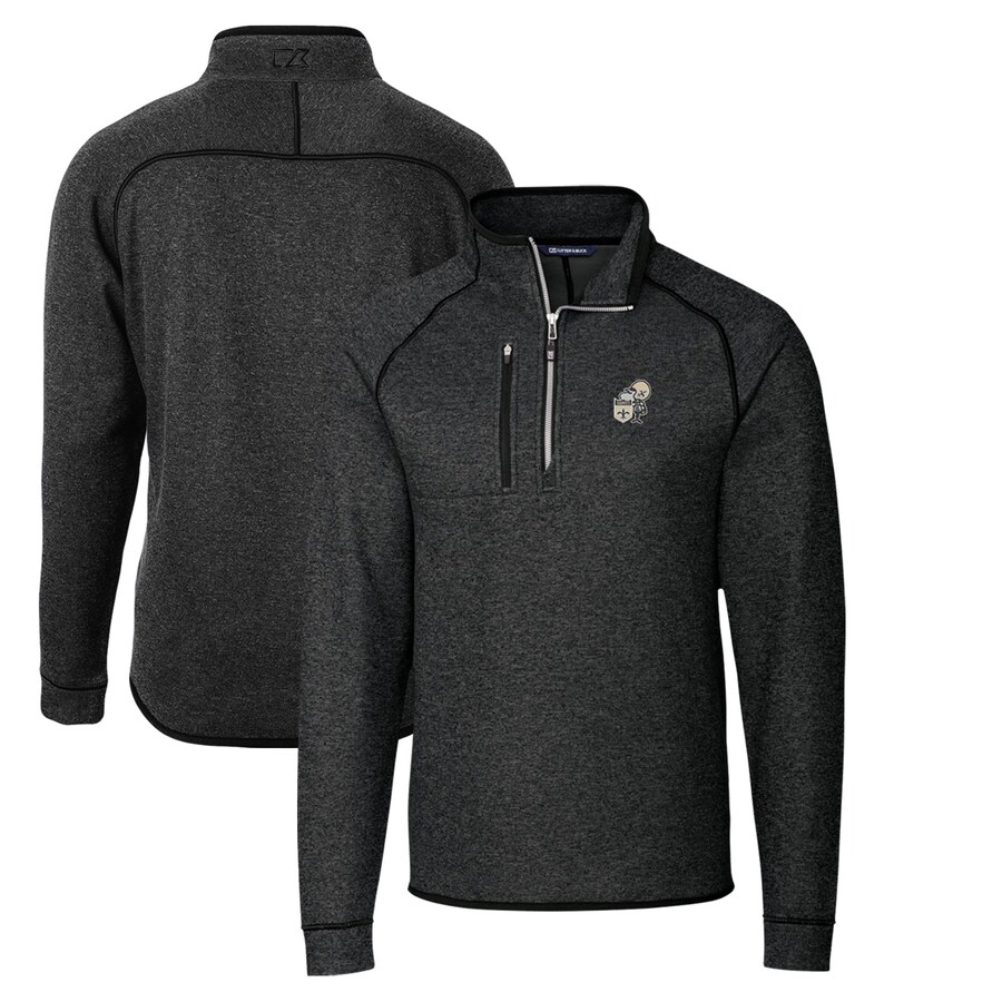 Men's New Orleans Saints Cutter & Buck Heather Charcoal Throwback Logo Mainsail Sweater-Knit Half-Zip Pullover Jacket