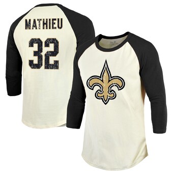 Men's Majestic Threads Tyrann Mathieu Cream/Black New Orleans Saints Vintage Player Name & Number Raglan 3/4-Sleeve T-Shirt