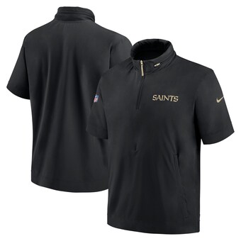 Men's New Orleans Saints Nike Black 2024 Sideline Coach Short Sleeve Half-Zip Hoodie Jacket