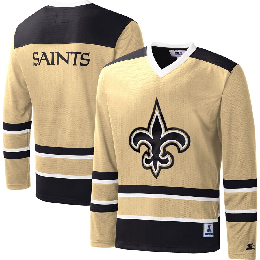 Men's New Orleans Saints Starter Gold Cross-Check V-Neck Long Sleeve T-Shirt