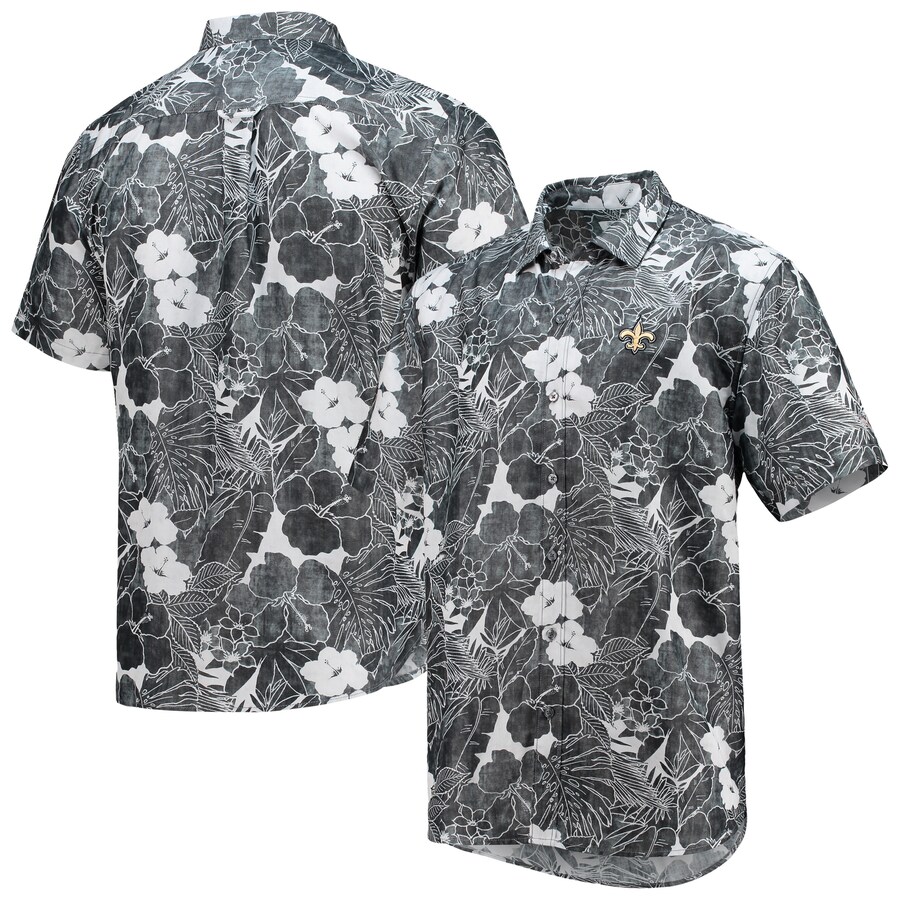 Men's New Orleans Saints Tommy Bahama Black Coconut Point Playa Floral IslandZone Button-Up Shirt