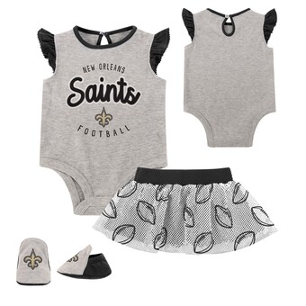 Newborn New Orleans Saints Heather Gray All Dolled Up Three-Piece Bodysuit, Skirt & Booties Set