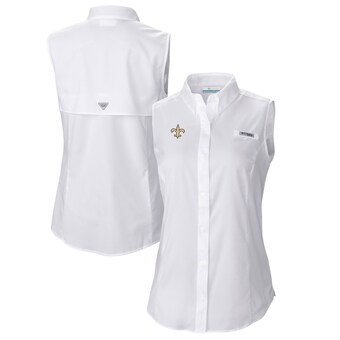 Women's New Orleans Saints  Columbia White PFG Tamiami Omni-Shade Sleeveless Button-Up Shirt