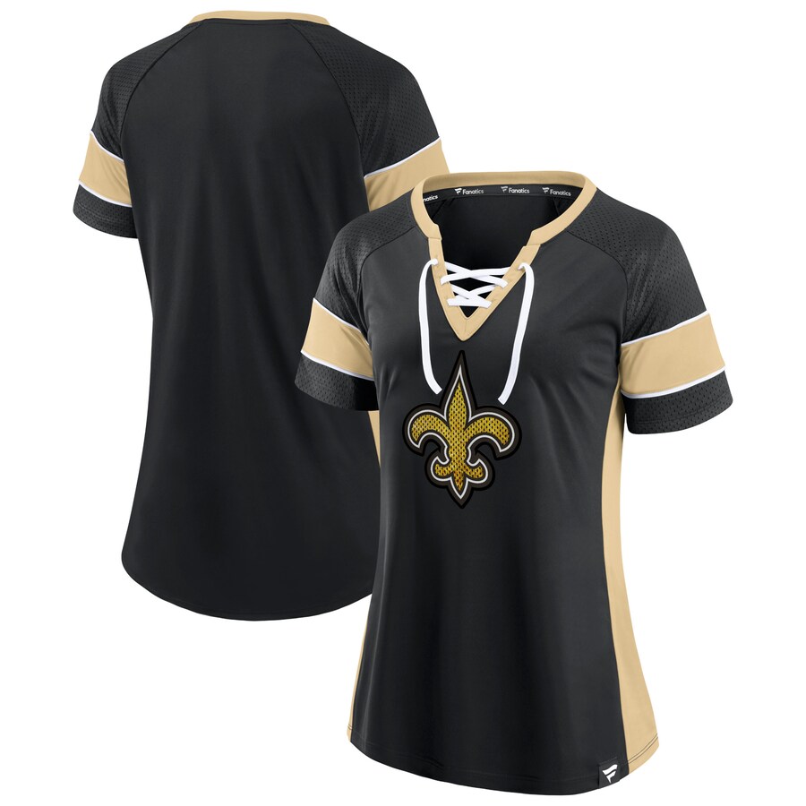 Women's New Orleans Saints Fanatics Black/Gold Team Draft Me Lace-Up Raglan T-Shirt