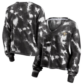 Women's New Orleans Saints Fanatics White/Black Sport Resort Tie-Dye V-Neck Long Sleeve T-Shirt