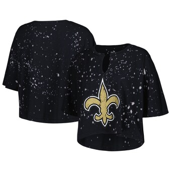 Women's New Orleans Saints Majestic Threads Black Bleach Splatter Notch Neck Crop T-Shirt