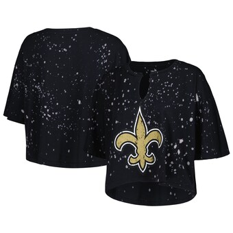 Women's Majestic Threads Black New Orleans Saints Bleach Splatter Notch Neck Crop T-Shirt