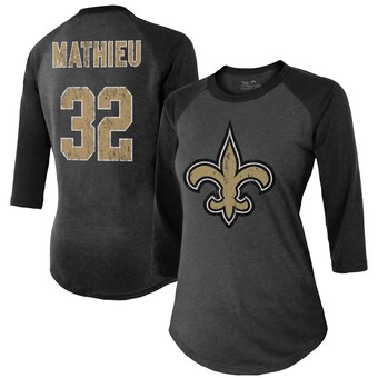 Women's Majestic Threads Tyrann Mathieu Black New Orleans Saints Name & Number Raglan 3/4 Sleeve T-Shirt