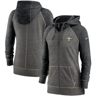 Women's New Orleans Saints Nike Heathered Charcoal/Black Gym Vintage Raglan Full-Zip Hoodie