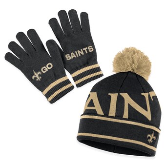 Women's WEAR by Erin Andrews  Black New Orleans Saints Double Jacquard Cuffed Knit Hat with Pom and Gloves Set