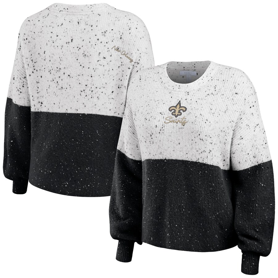 Women's New Orleans Saints  WEAR by Erin Andrews White/Black Lighweight Modest Crop Color-Block Pullover Sweater