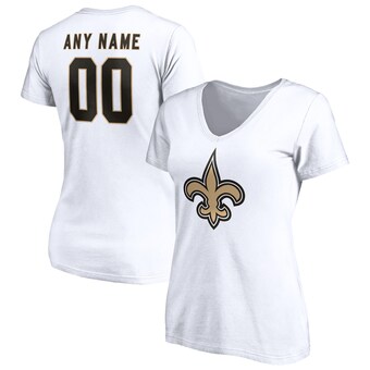 Women's White New Orleans Saints Team Authentic Logo Personalized Name & Number V-Neck T-Shirt