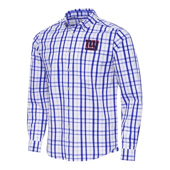 Men's Antigua Royal/Gray New York Giants Tending Woven Tri-Blend Long Sleeve Button-Down Shirt