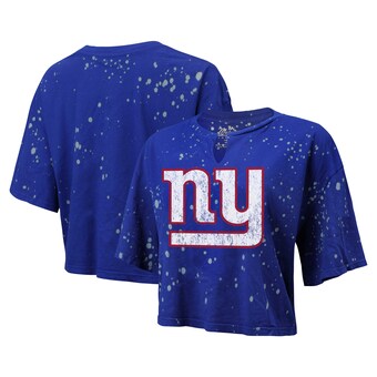 Women's New York Giants Majestic Threads Royal Bleach Splatter Notch Neck Crop T-Shirt