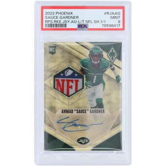 Ahmad Sauce Gardner New York Jets Autographed 2022 Panini Phoenix NFL Shield Relic #RJA-AG #1/1 PSA Authenticated 9 Rookie Card