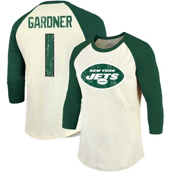 Men's New York Jets Ahmad Sauce Gardner Majestic Threads Cream/Green Player Name & Number Raglan 3/4-Sleeve T-Shirt