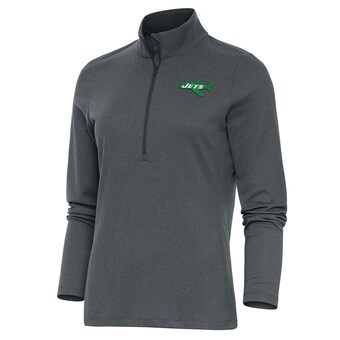 Women's New York Jets Antigua Heather Charcoal Throwback Logo Epic Quarter-Zip Pullover Top