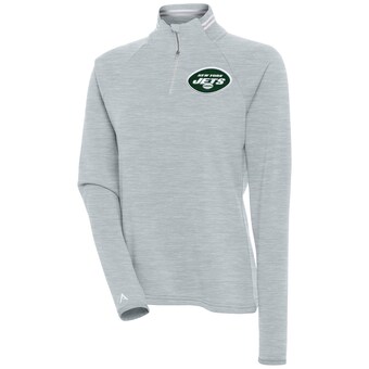 Women's New York Jets Antigua Heather Gray Milo Quarter-Zip Pullover Top