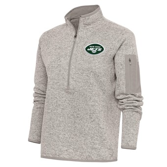 Women's New York Jets Antigua Oatmeal Team Logo Fortune Half-Zip Pullover Jacket