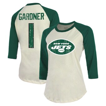 Women's New York Jets Ahmad Sauce Gardner Majestic Threads Cream/Green Player Raglan Name & Number Fitted 3/4-Sleeve T-Shirt