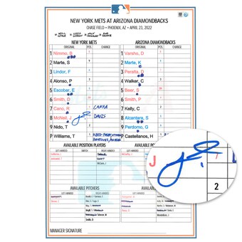 Jeff McNeil New York Mets Autographed Game-Used Lineup Card vs. Arizona Diamondbacks on April 23, 2022