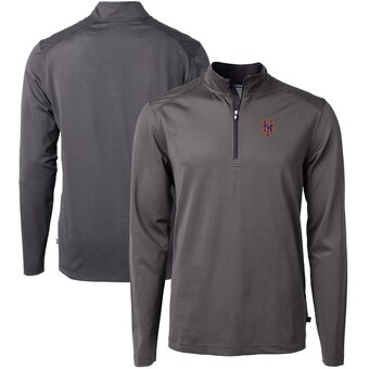 Men's New York Mets Cutter & Buck Black/Gray Virtue Eco Pique Micro Stripe Big & Tall Recycled Quarter-Zip Pullover Top