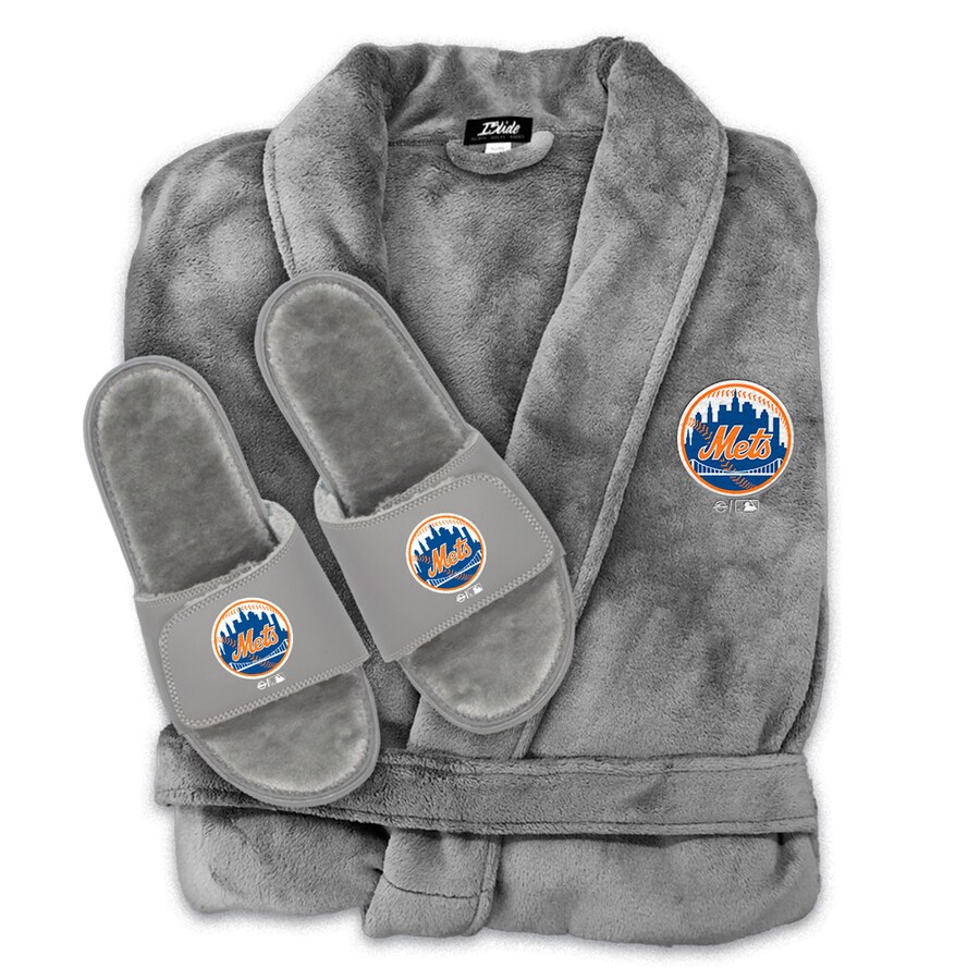 Unisex New York Mets  ISlide Gray Faux Fur Slide Sandals & Robe Bundle