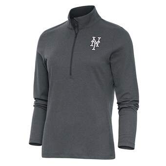 Women's New York Mets  Antigua Heather Charcoal Brushed Metallic Epic Half-Zip Pullover Top