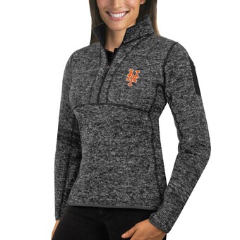 Women's New York Mets Antigua Heathered Charcoal Fortune Half-Zip Pullover Sweater