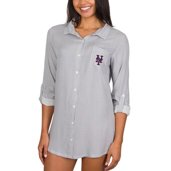 Women's New York Mets Concepts Sport Gray Melody Woven Full-Button Long Sleeve Nightshirt