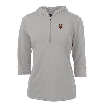 Women's New York Mets Cutter & Buck Gray Virtue Eco Pique 3/4 Sleeve Half-Zip Pullover Hoodie