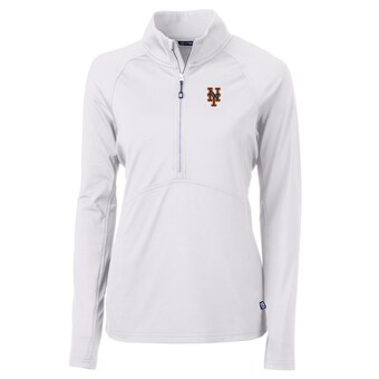 Women's New York Mets Cutter & Buck White Adapt Eco Knit Stretch Half-Zip Pullover Top