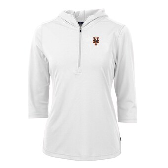 Women's New York Mets Cutter & Buck White Virtue Eco Pique 3/4 Sleeve Half-Zip Pullover Hoodie