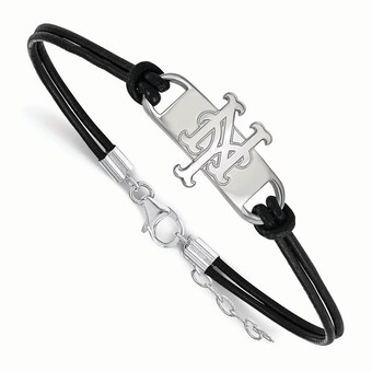 Women's New York Mets Sterling Silver Small Center Leather Bracelet