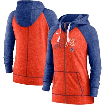 Women's New York Mets Nike Heather Orange/Heather Royal Split Wordmark Gym Vintage Raglan Lightweight Full-Zip Hoodie