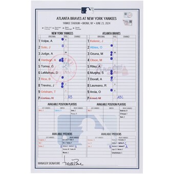  New York Yankees Fanatics Authentic Game-Used Lineup Card vs. Atlanta Braves on June 23, 2024