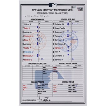  New York Yankees Fanatics Authentic Game-Used Lineup Card vs. Toronto Blue Jays on June 27, 2024