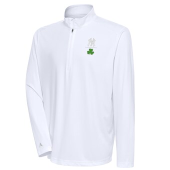 Men's New York Yankees  Antigua White Shamrock Tribute Quarter-Zip Pullover Top