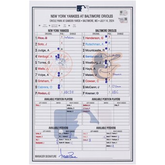 New York Yankees Fanatics Authentic Game-Used Lineup Card vs. Baltimore Orioles on July 14, 2024