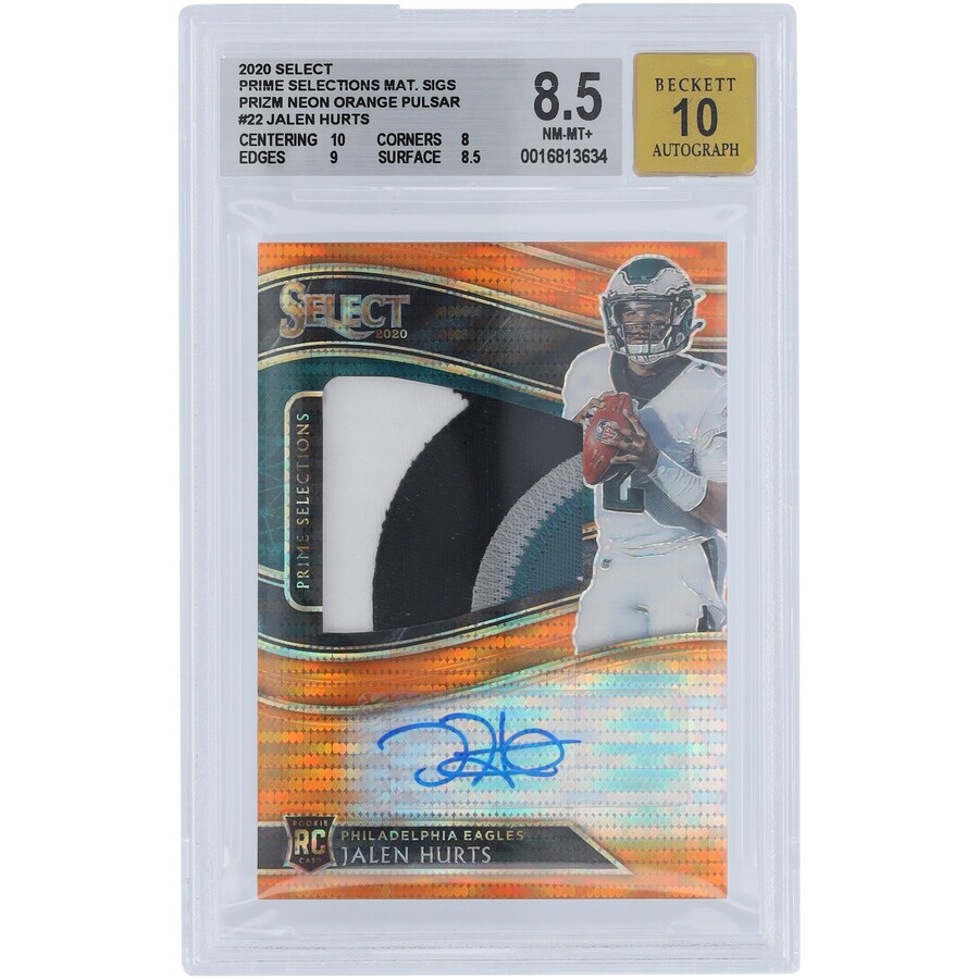 Jalen Hurts Philadelphia Eagles Autographed 2020 Panini Select Orange Pulsar Quad-Color Relic #PSS-JHU #18/25 BGS Authenticated 8.5/10 Rookie Card - 10,8,9,8.5 Subgrades