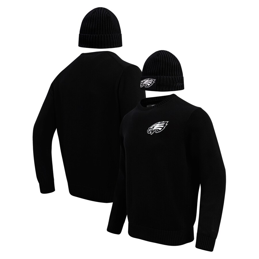 Men's Philadelphia Eagles Pro Standard Black Crewneck Pullover Sweater & Cuffed Knit Hat Box Gift Set